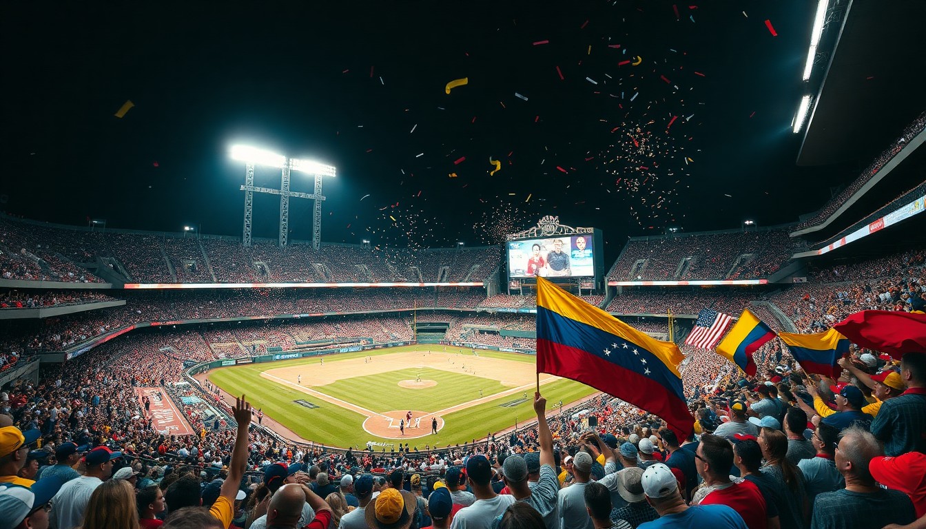 Estadio de beisbol celebrando la victoria venezolana en el Clasico Mundial